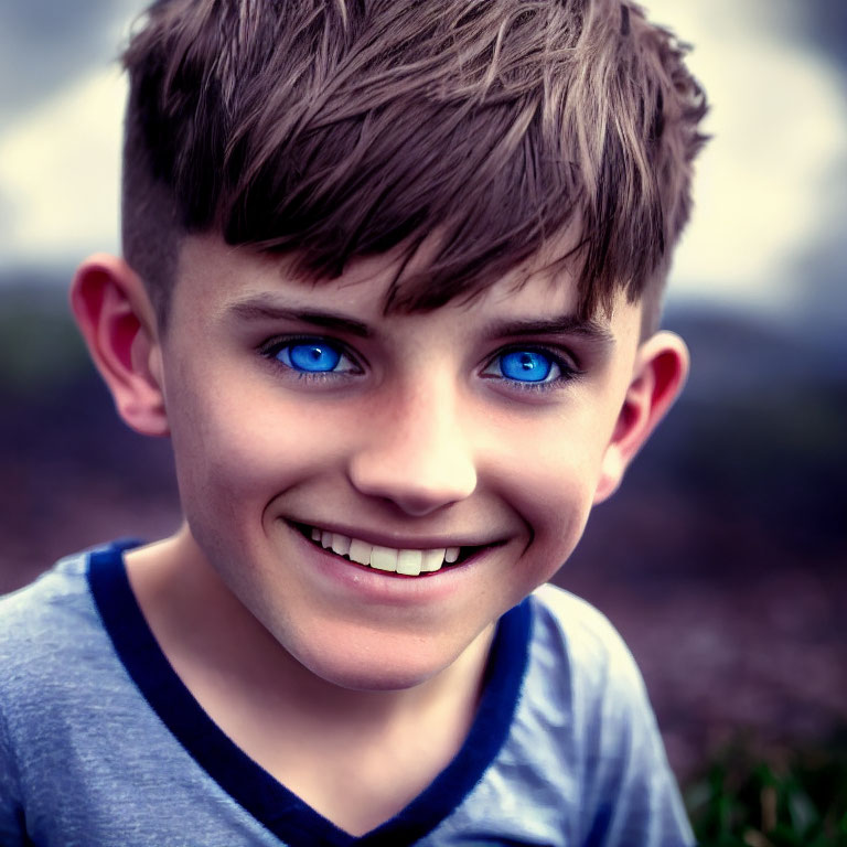 Young boy with blue eyes and messy hair in casual attire against nature backdrop