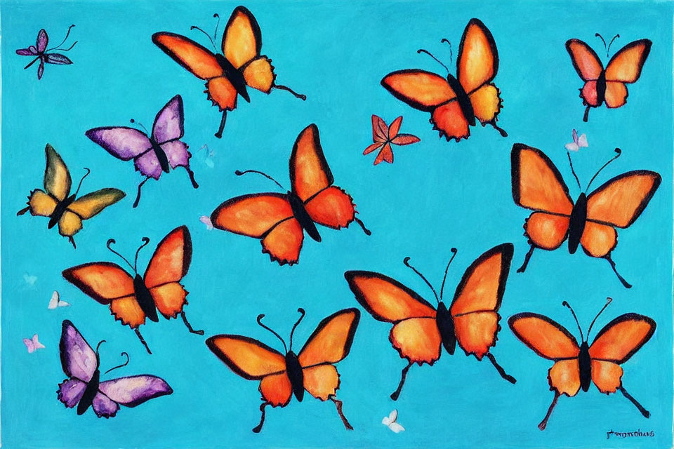 Vibrant Butterfly Painting in Orange, Purple, and Pink on Blue Background