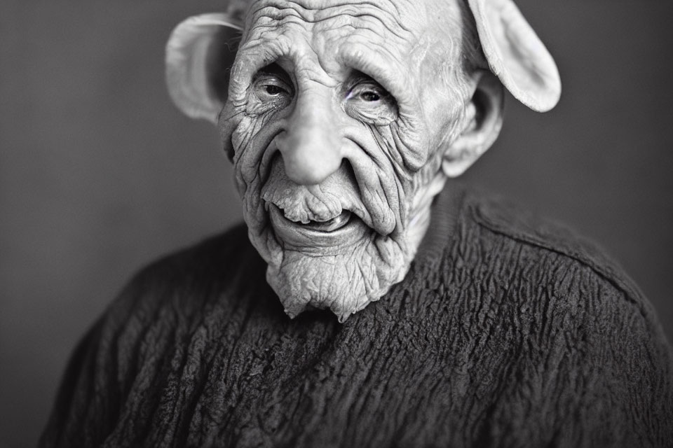 Elderly man portrait: expressive eyes, wrinkles, knit sweater
