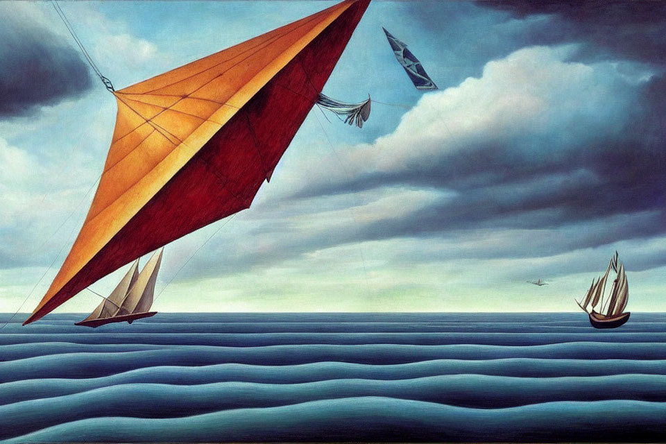 Surreal painting of ships with oversized sails on wavy seas