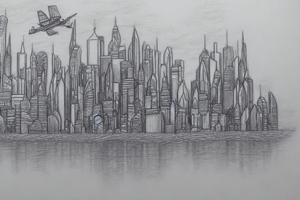 Detailed pencil sketch of futuristic city skyline with varied skyscrapers and airplane above water.