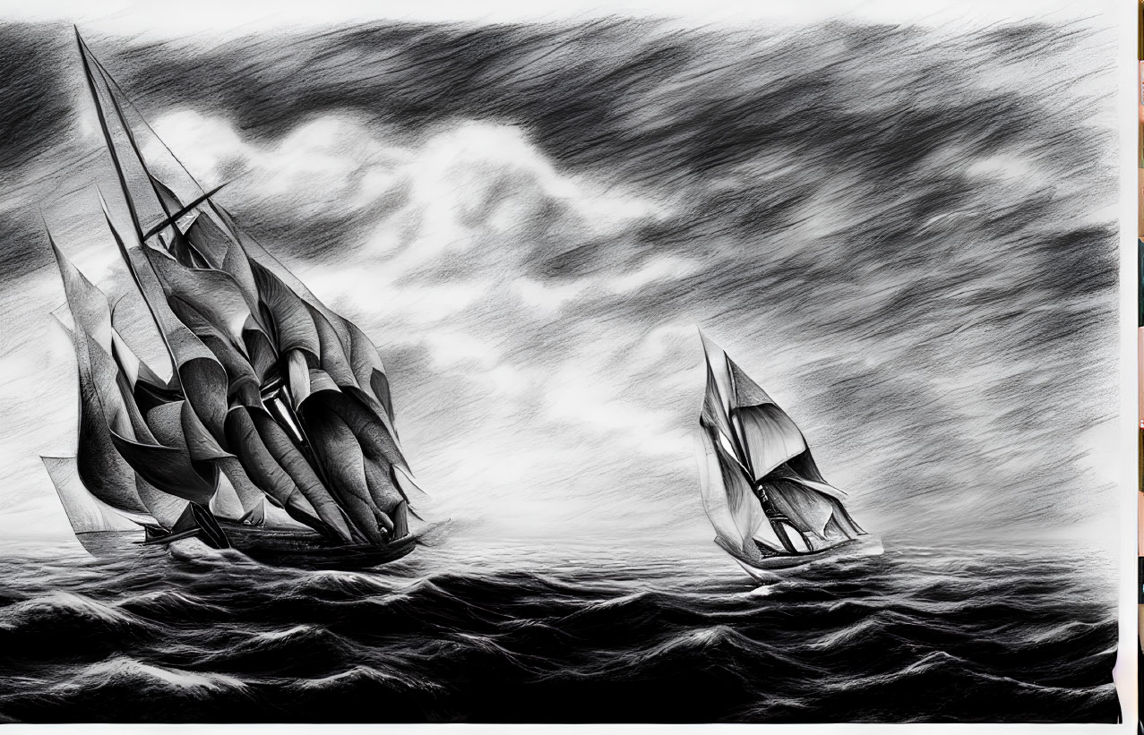 Monochrome sketch of two sailing ships on rough sea with cloudy sky
