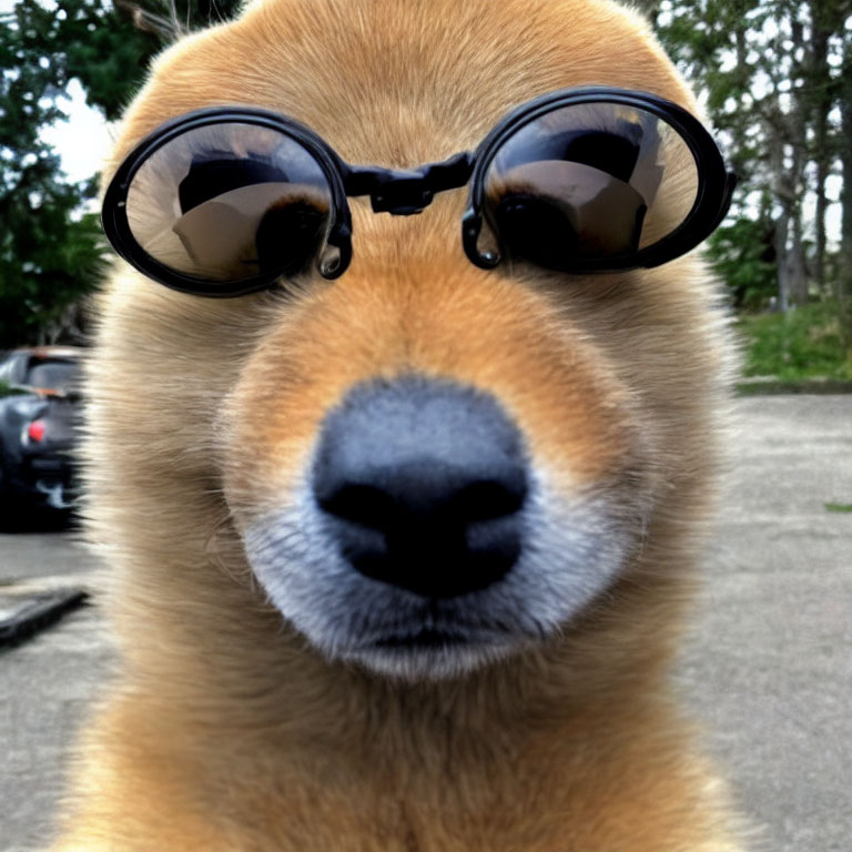 Close-up of Shiba Inu Dog in Round Sunglasses with Prominent Snout and Ears