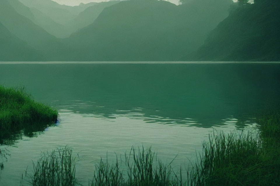 Tranquil Lake with Misty Mountain and Lush Greenery