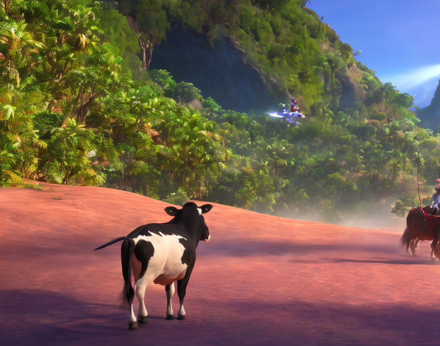 Cow on dusty road with green hill, person on horseback, and futuristic vehicle.