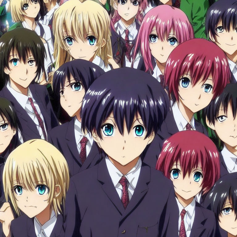 Diverse anime characters in school uniforms with varied hair colors