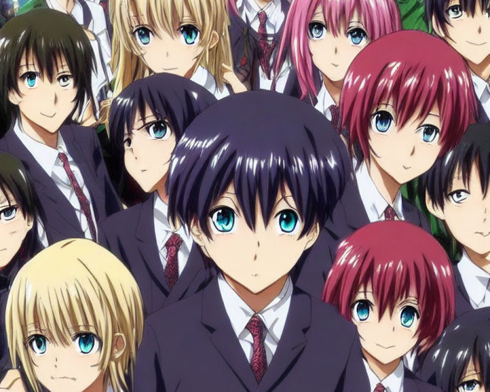 Diverse anime characters in school uniforms with varied hair colors