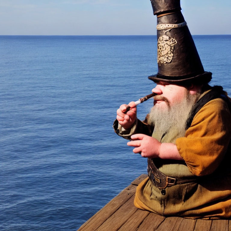 Historical or Fantasy Costume Figure Smoking Pipe by the Sea