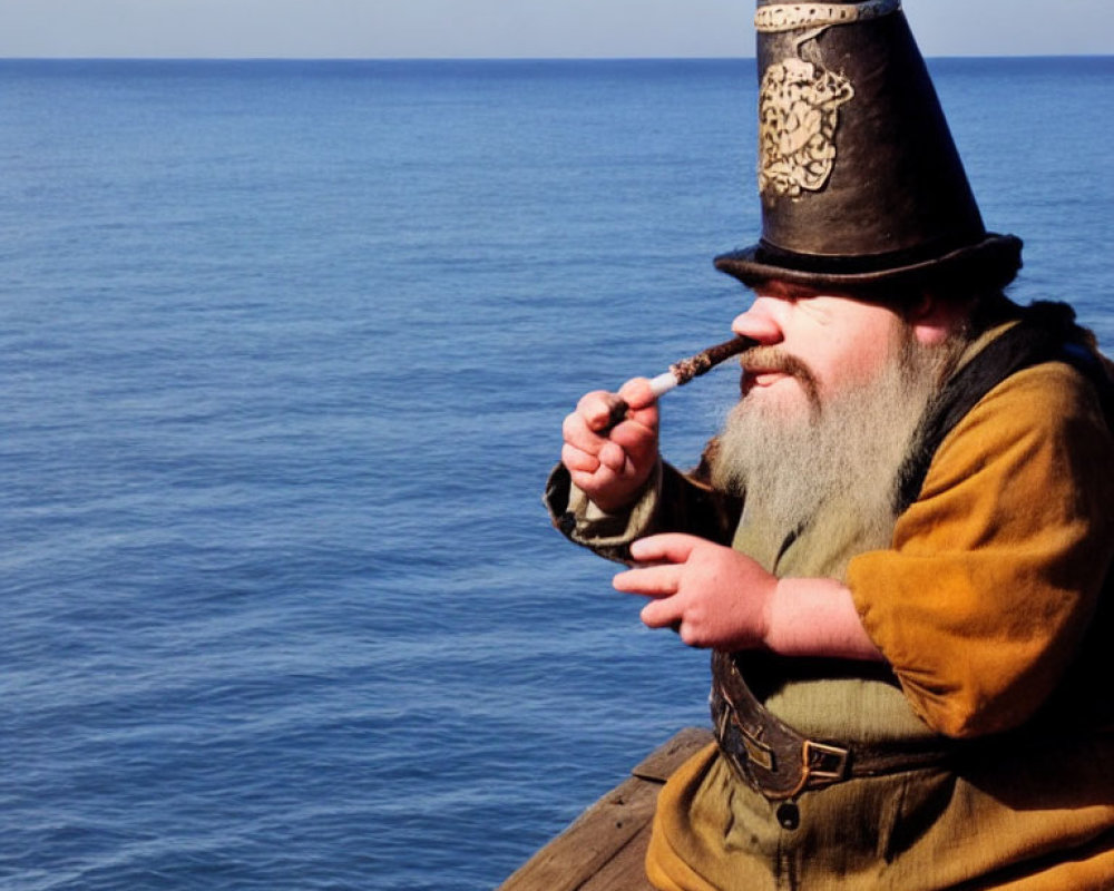 Historical or Fantasy Costume Figure Smoking Pipe by the Sea