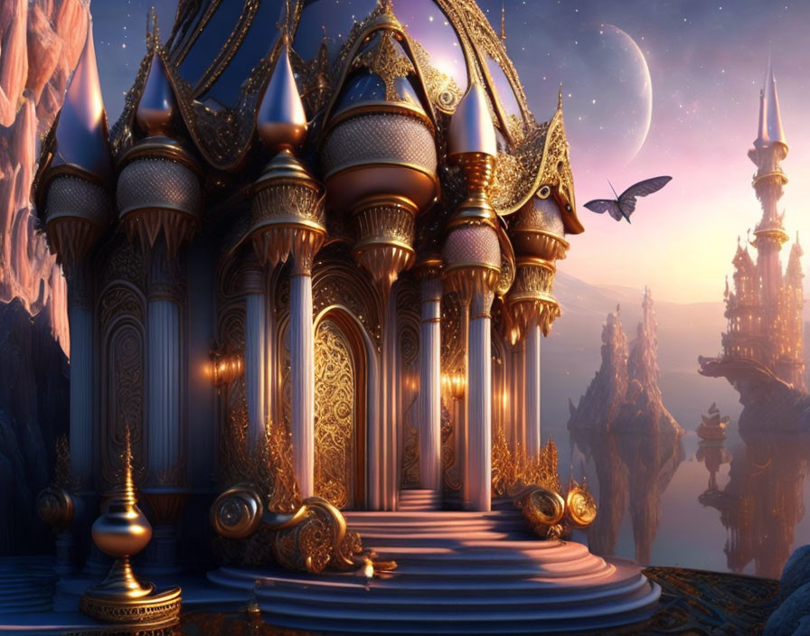 Golden palace with butterfly, spires, and crescent moon in twilight sky