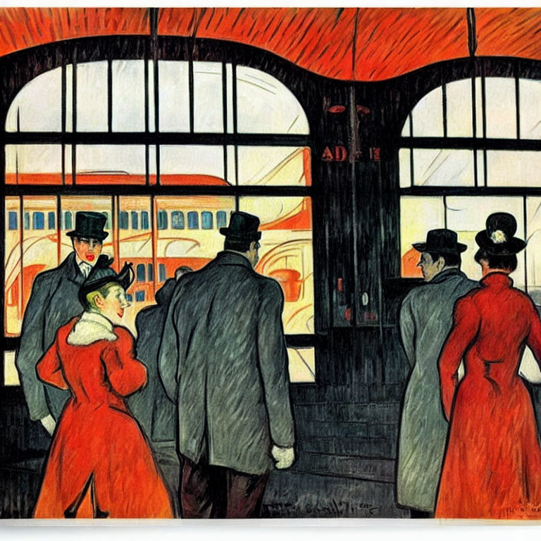 Stylish people in red outfits at a train station with arched windows