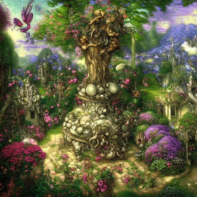 Colorful Fantasy Garden with Tree Lady Sculpture, Fairy, and Hidden Animals
