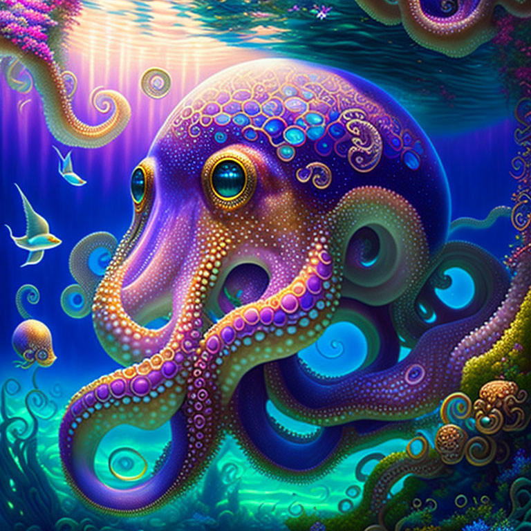 Colorful Stylized Octopus Illustration Submerged Underwater