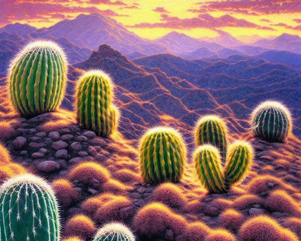 Desert landscape painting: cacti, mountains, sunset sky