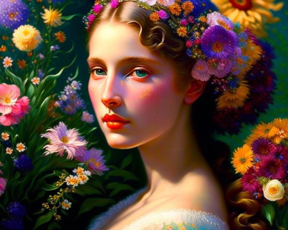 Vibrant floral crown portrait of a woman in dark setting