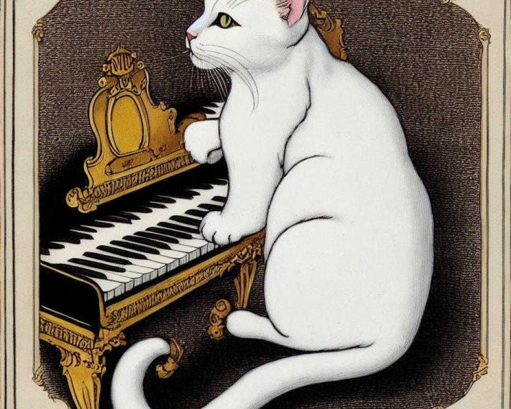 White Cat with Yellow Eyes Playing Piano Against Brown Background