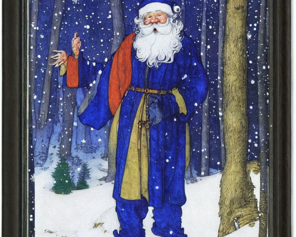 Traditional Santa Claus in Blue Robes in Snowy Forest with Snowflakes