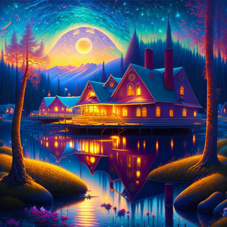 Colorful whimsical artwork of cozy cottage by reflective lake under starry sky
