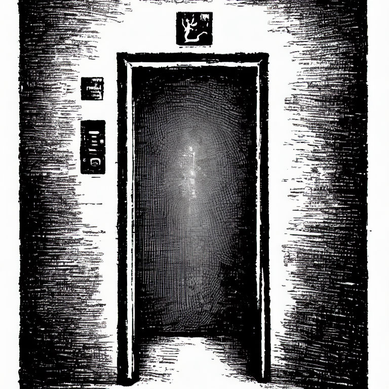 Monochrome open door with scribbled texture and abstract icons