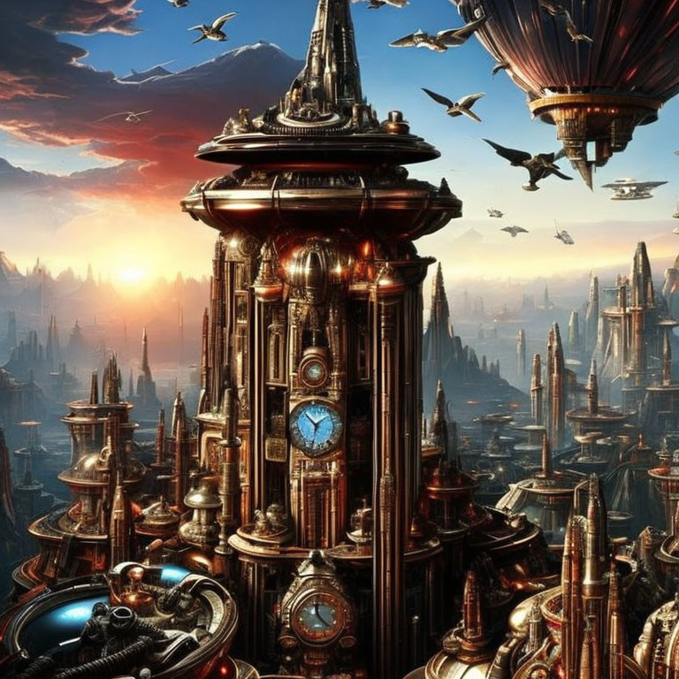 Futuristic cityscape with towering spires, airships, and birds at sunset
