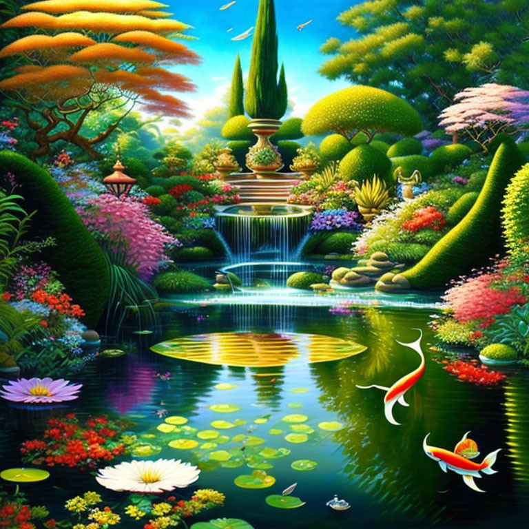 Colorful garden with waterfall, pond, and lush foliage