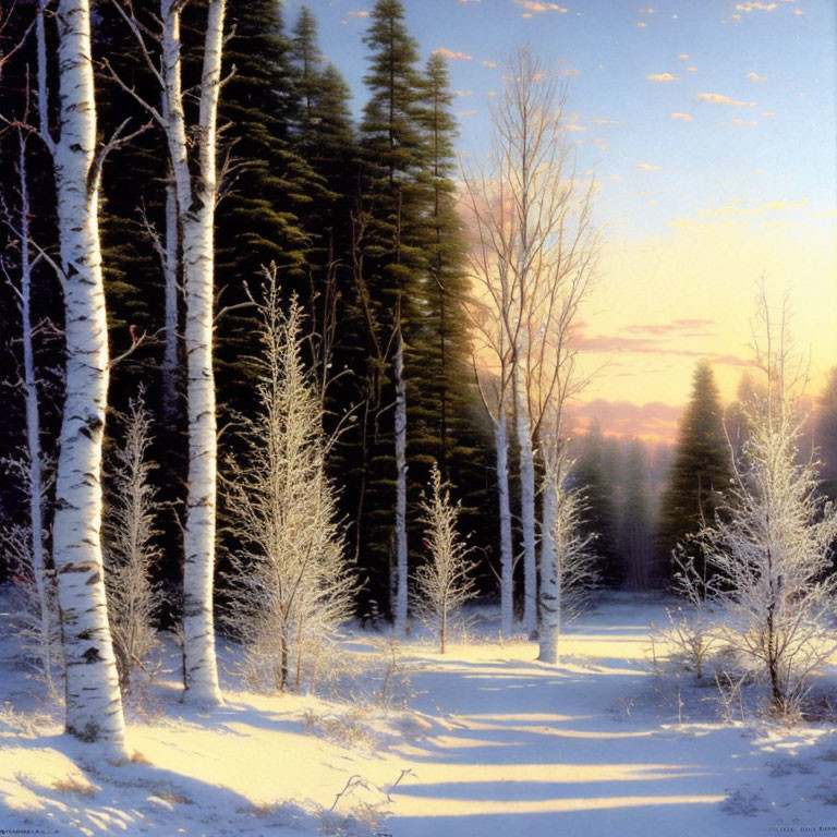 Snow-covered winter landscape with birch and evergreen trees under warm sunlight