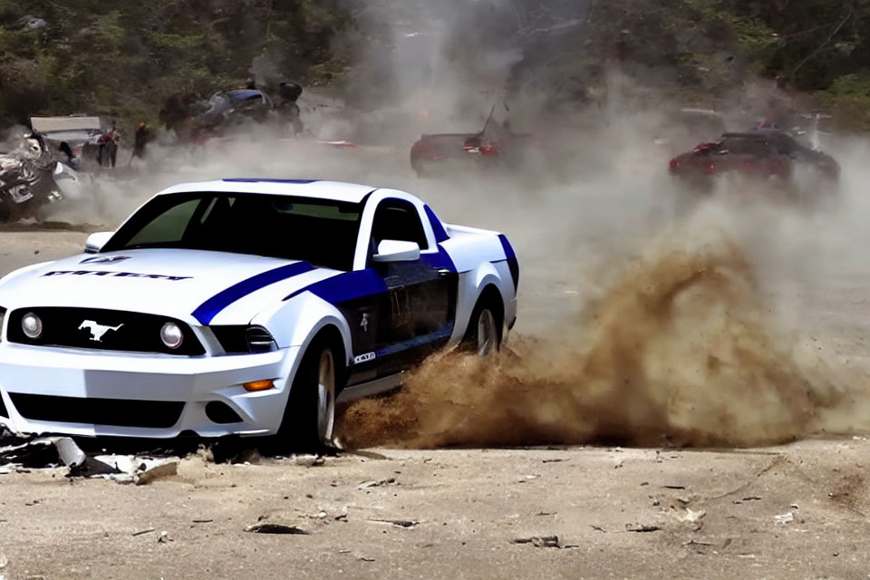 White and Blue Mustang Drifting on Dusty Road with Car Debris and Smoke Background