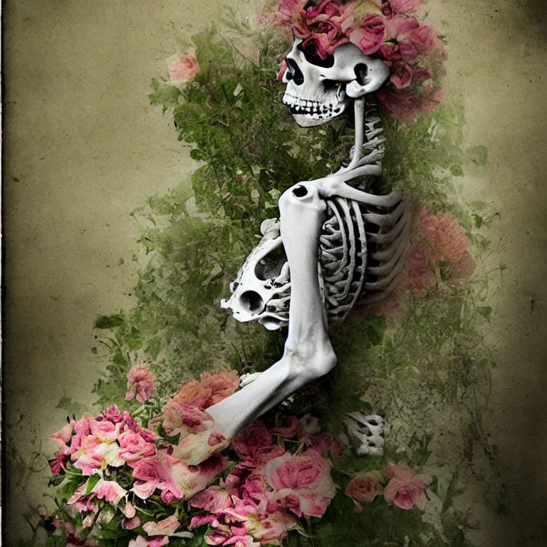 Skeleton with pink flower crown and foliage on textured backdrop