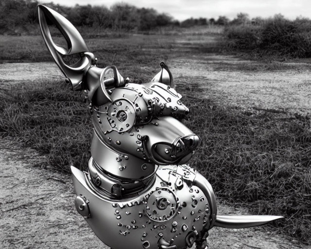 Steampunk-style metallic dog sculpture in barren landscape