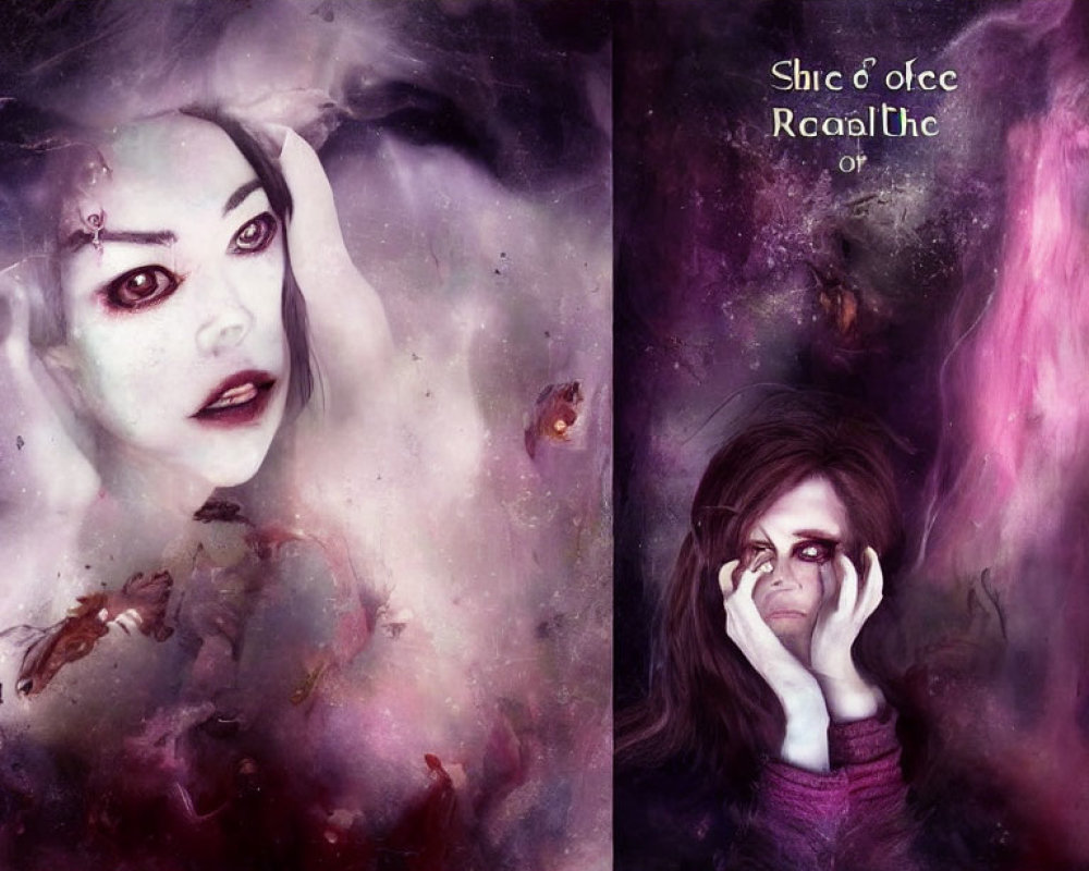 Vivid cosmic collage featuring two females in haunting pose