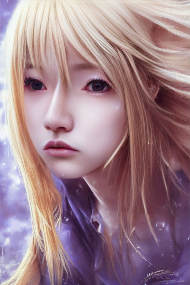 Blonde Person with Purple Eyes on Dreamy Background