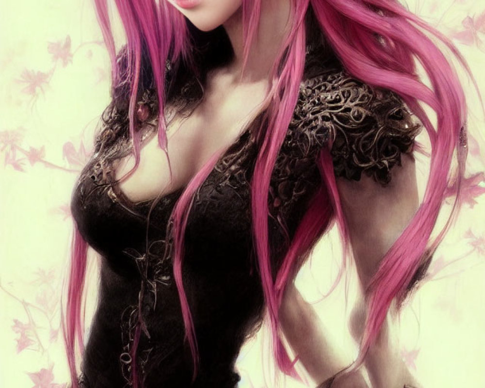 Digital artwork featuring female character with long pink hair and intricate black clothing against pink leaf background.