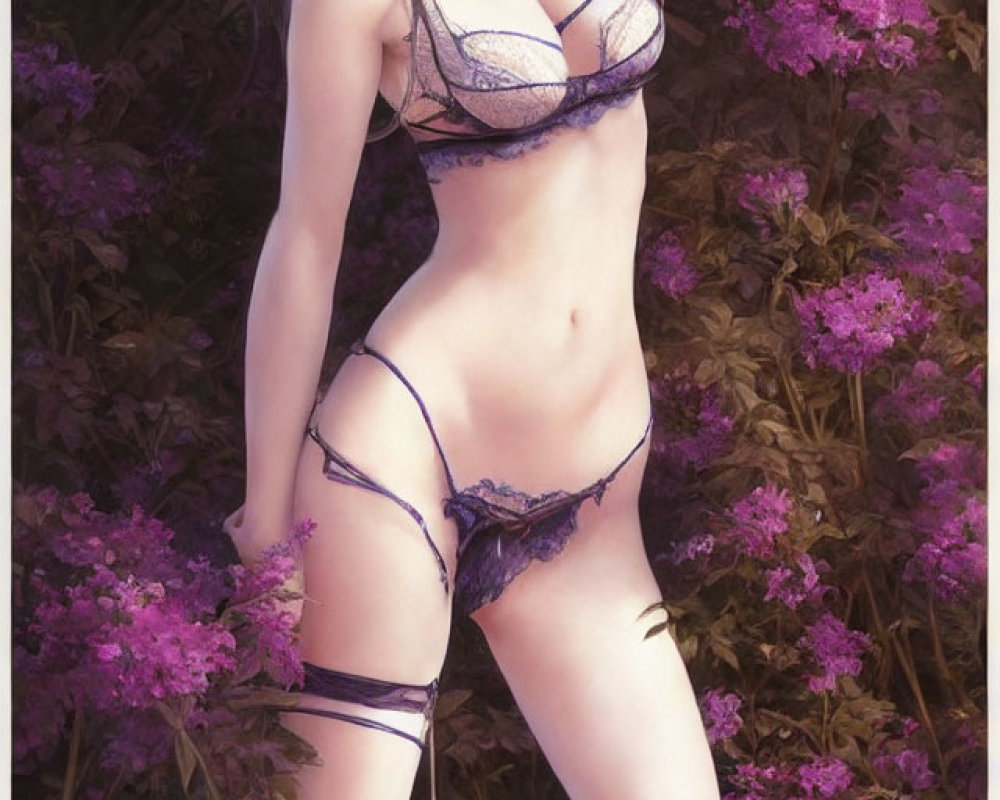Blonde-haired female character in lavender bikini among purple flowers