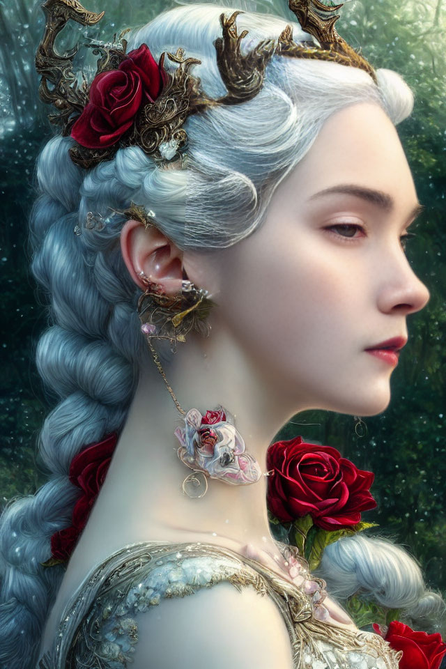 Portrait of Woman with Pale Skin, Silver Braided Hair, Red Roses, Golden Accents, Del