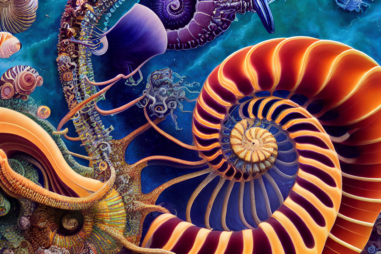 Colorful Nautilus Shells in Intricate Underwater Scene