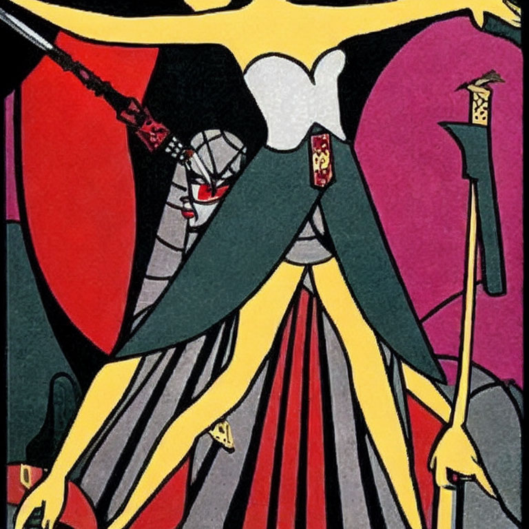 Stylized illustration of Evil Queen from Snow White in black and purple cloak with scepter