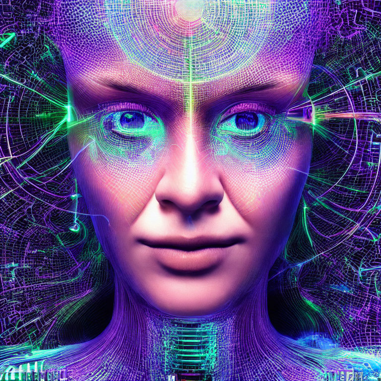 Digital portrait of female face with circuit patterns and neon glows