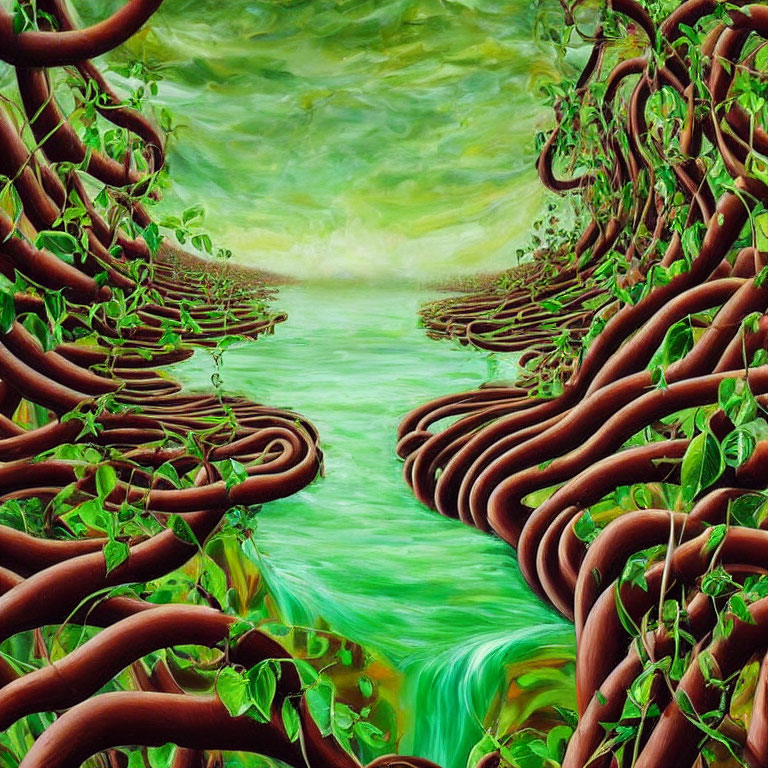 Surreal landscape with intertwined tree roots and flowing river