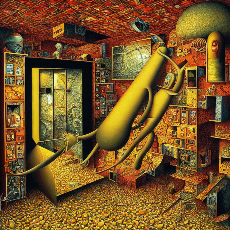 Surreal room with intricate patterns, elongated figure, and glowing orb