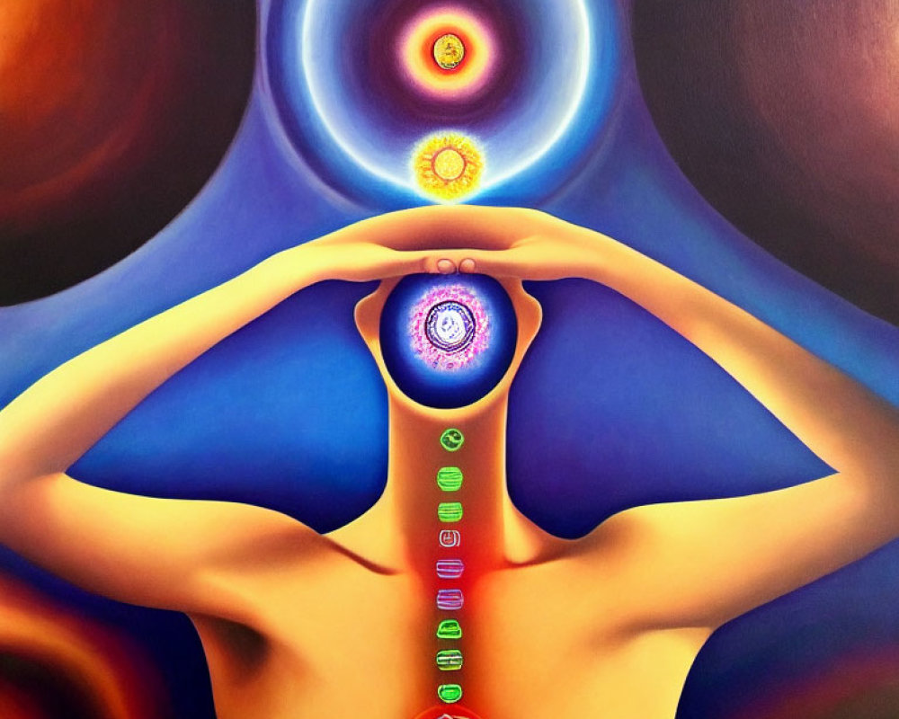 Colorful painting of person with hands framing third eye and chakras against cosmic backdrop