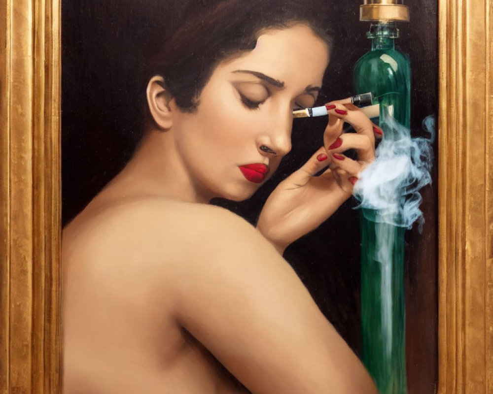Portrait of Woman Smelling Perfume with Closed Eyes and Cigarette