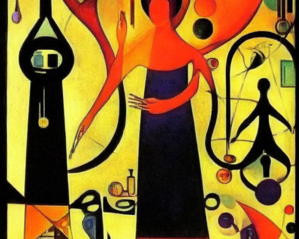 Abstract painting of stylized woman in red and blue dress with surreal figures