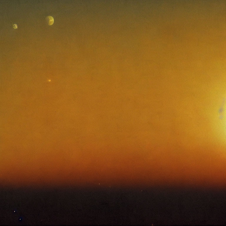 Grainy space image of star-like object and moons on orange-brown backdrop