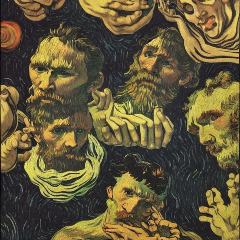 Distressed faces and hands in Van Gogh-style painting with expressive lines
