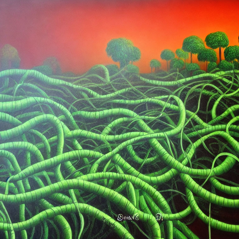 Surreal landscape painting with green tubes, trees, and red-orange sky