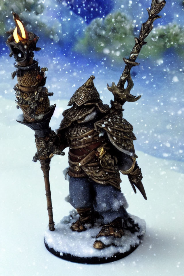 Miniature armored knight figurine with flaming torch in snowy scene