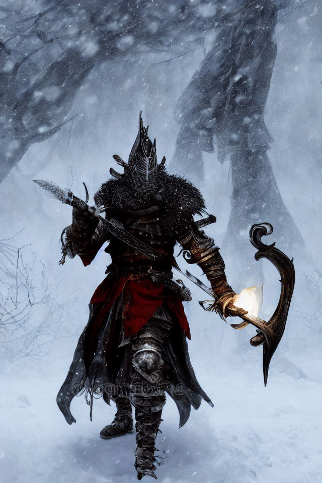 Armored warrior with sword and torch in snowy forest with falling snowflakes