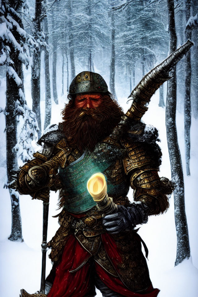 Armored Dwarf with Horn and Axe in Snowy Forest