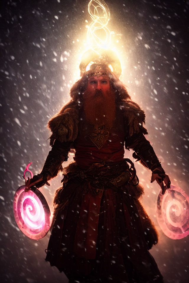 Bearded figure in armor holding glowing symbols under falling snow