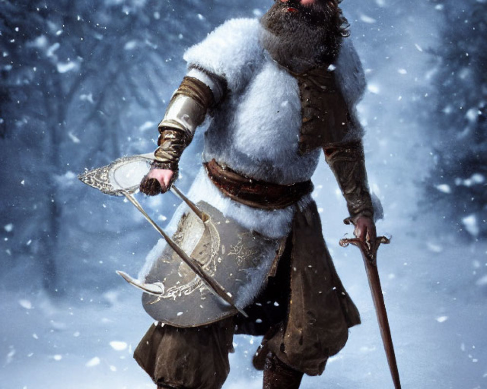 Bearded warrior in fur-lined cloak wields sword in snowy scene